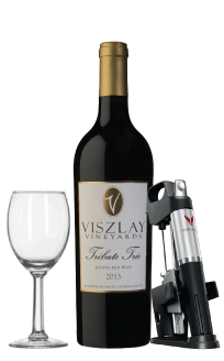 Bottle of Viszlay Tribute Trio, wine glass and wine opener