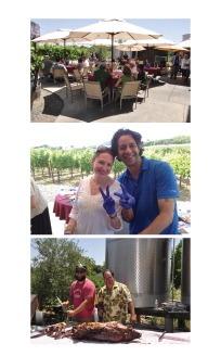 collage of events on back patio with groups of people seated at tables outside under umbrellas, servers and roasted meat
